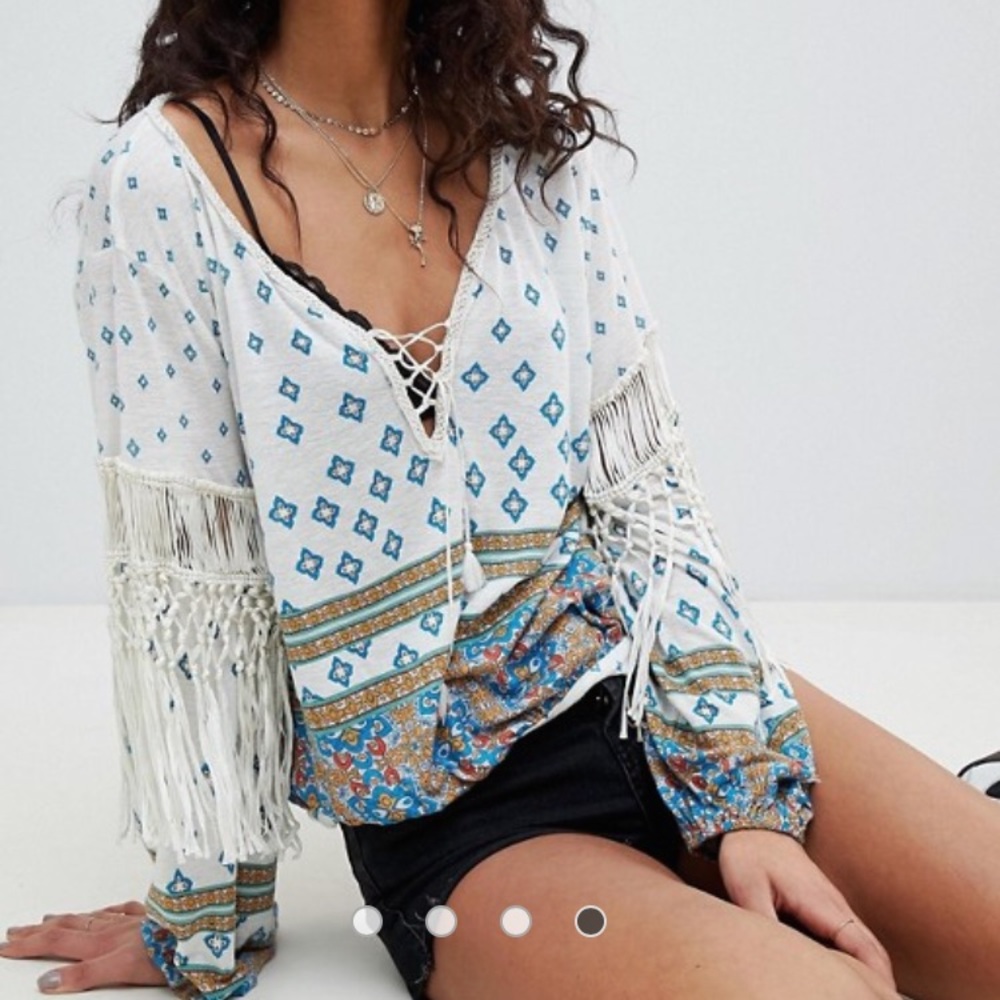 Free People Boho Long Sleeve Ivory Fringe Top